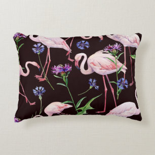 Watercolor flamingos and wild flowers pattern. decorative cushion
