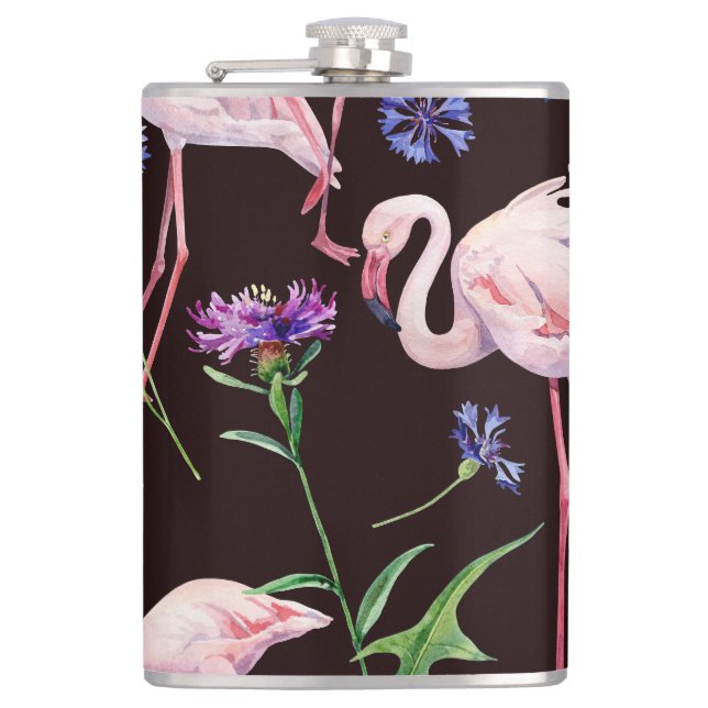 Watercolor flamingos and wild flowers pattern. hip flask (Front)