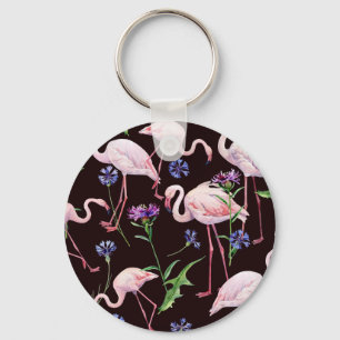Watercolor flamingos and wild flowers pattern. key ring