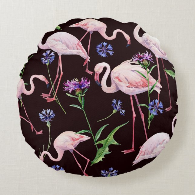 Watercolor flamingos and wild flowers pattern. round cushion (Front)