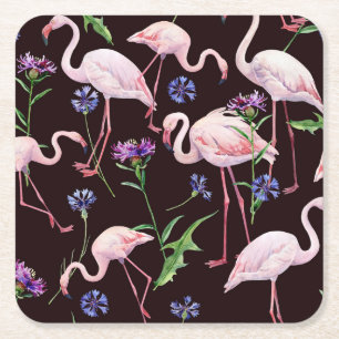 Watercolor flamingos and wild flowers pattern. square paper coaster