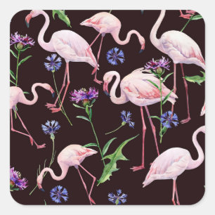 Watercolor flamingos and wild flowers pattern. square sticker