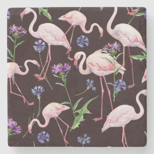 Watercolor flamingos and wild flowers pattern. stone coaster