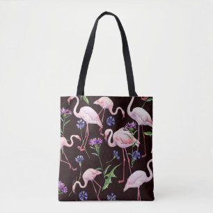 Watercolor flamingos and wild flowers pattern. tote bag