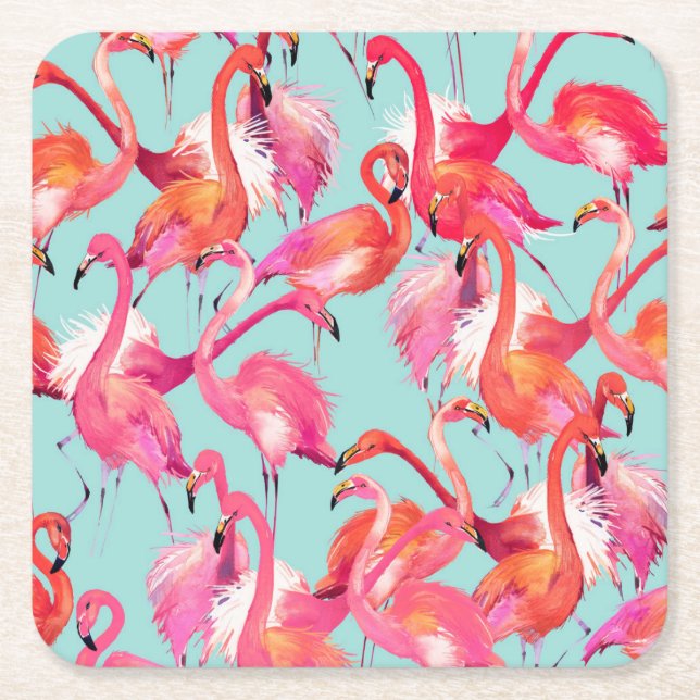 Watercolor Flamingos Gathered 2 Square Paper Coaster (Front)