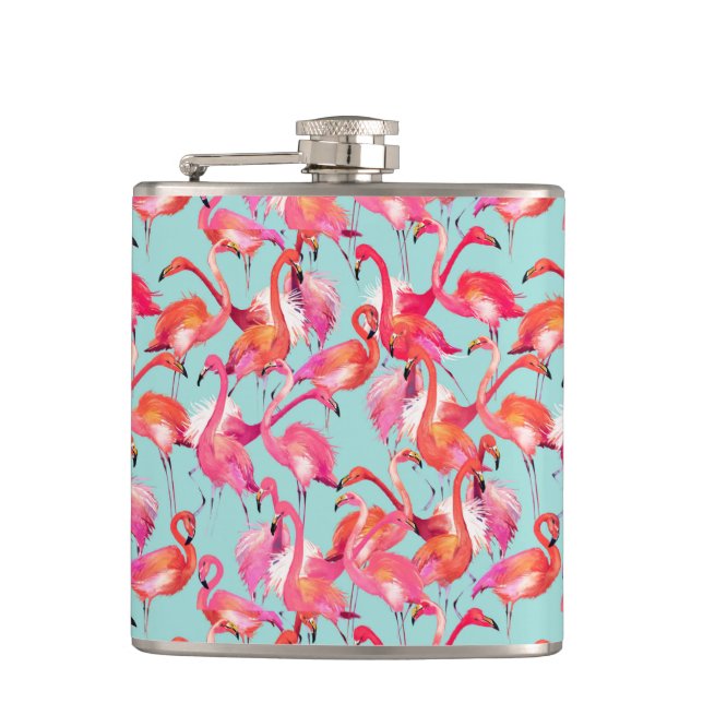 Watercolor Flamingos Gathered Hip Flask (Front)