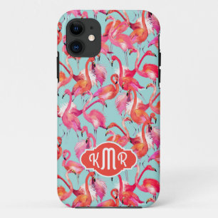 Watercolor Flamingos Gathered Monogram iPhone 11 Case