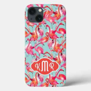 Watercolor Flamingos Gathered   Monogram iPhone 13 Case