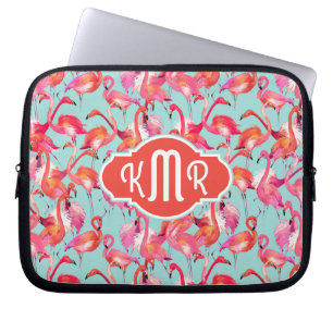 Watercolor Flamingos Gathered Monogram Laptop Sleeve