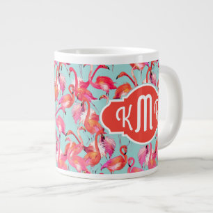 Watercolor Flamingos Gathered Monogram Large Coffee Mug