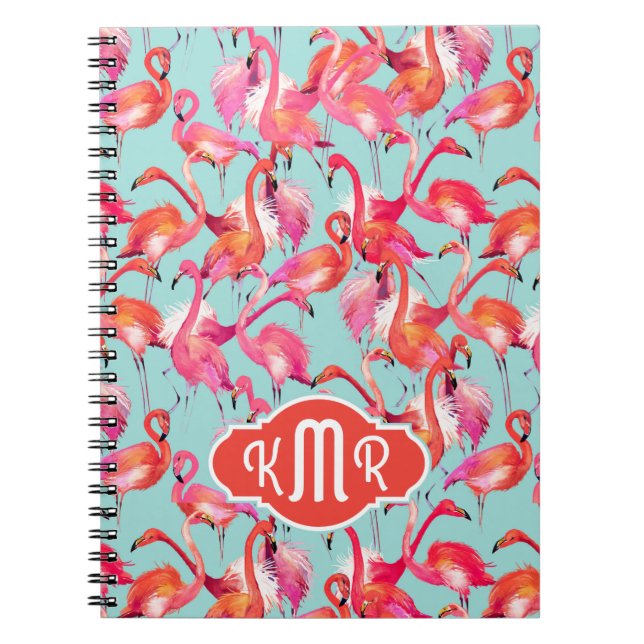 Watercolor Flamingos Gathered | Monogram Notebook (Front)