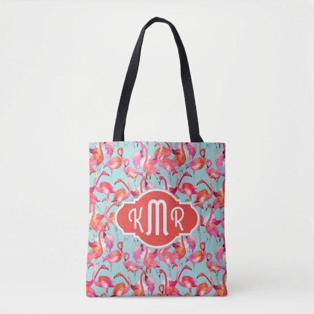 Watercolor Flamingos Gathered | Monogram Tote Bag (Front)