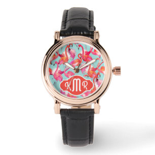 Watercolor Flamingos Gathered   Monogram Watch