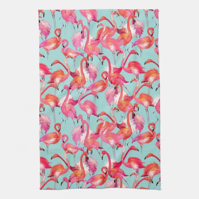 Watercolor Flamingos Gathered Tea Towel (Vertical)