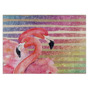 Watercolor Flamingos Glitter Gold Stripes Cutting Board