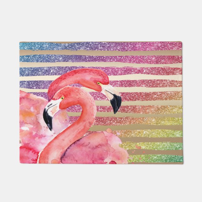 Watercolor Flamingos Glitter Gold Stripes Doormat (Front)
