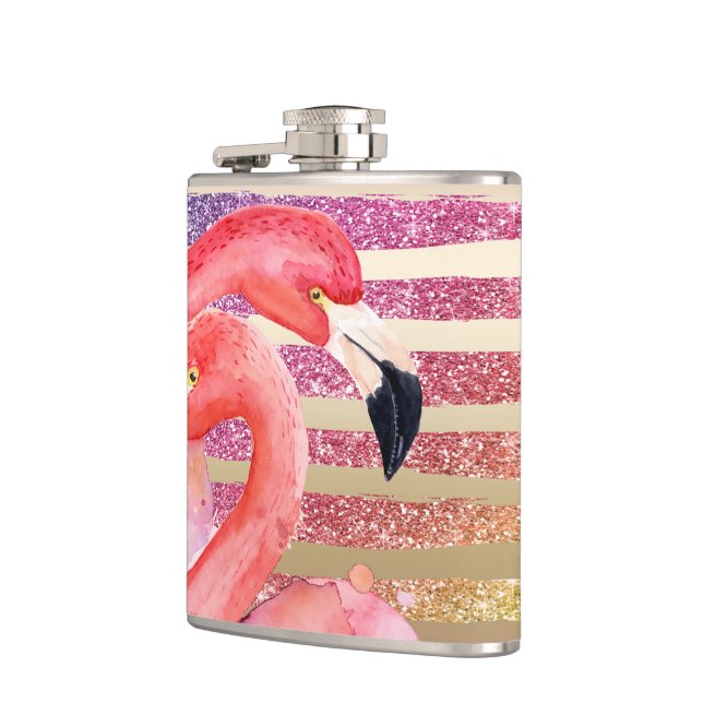 Watercolor Flamingos Glitter Gold Stripes Hip Flask (Left)