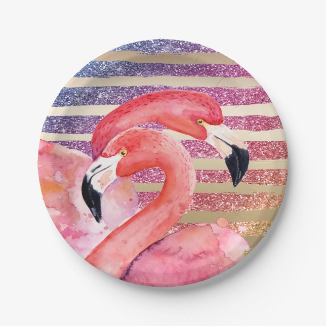 Watercolor Flamingos Glitter Gold Stripes Paper Plate (Front)