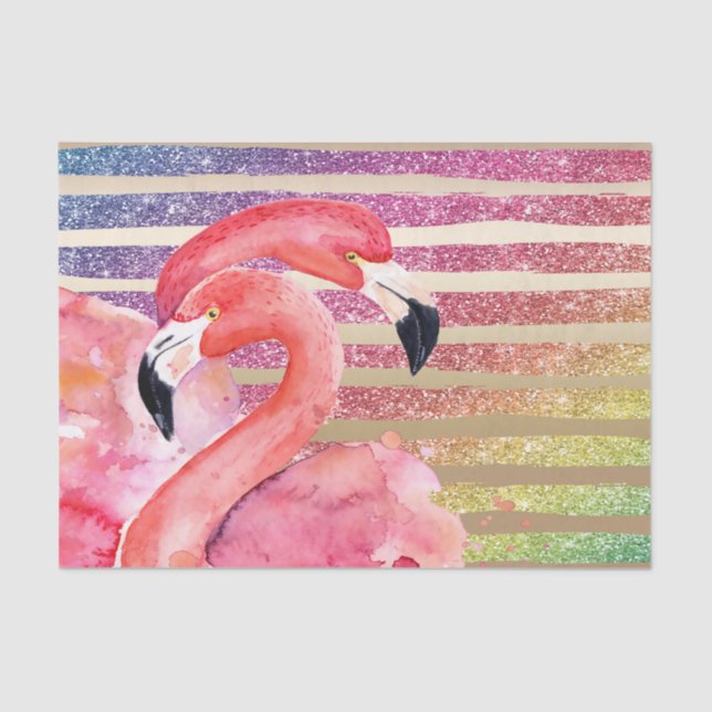 Watercolor Flamingos Glitter Gold Stripes Tissue Paper (Front)