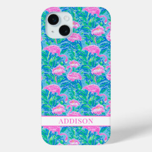 Watercolor Flamingos Monogrammed iPhone 15 Mini Case