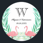 Watercolor Flamingos Palm Leaves Wedding Monogram Classic Round Sticker<br><div class="desc">Round wedding sticker,  perfect as envelope seals,  with watercolor flamingos and palm leaves. Personalise with your soon-to-be shared initial,  your names,  and wedding date.</div>
