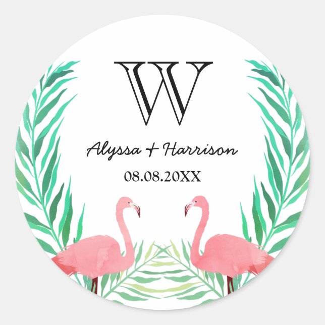 Watercolor Flamingos Palm Leaves Wedding Monogram Classic Round Sticker (Front)
