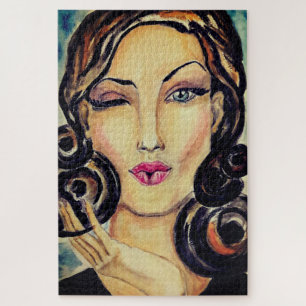 Watercolor - Flirting - Lady Kiss Jigsaw Puzzle
