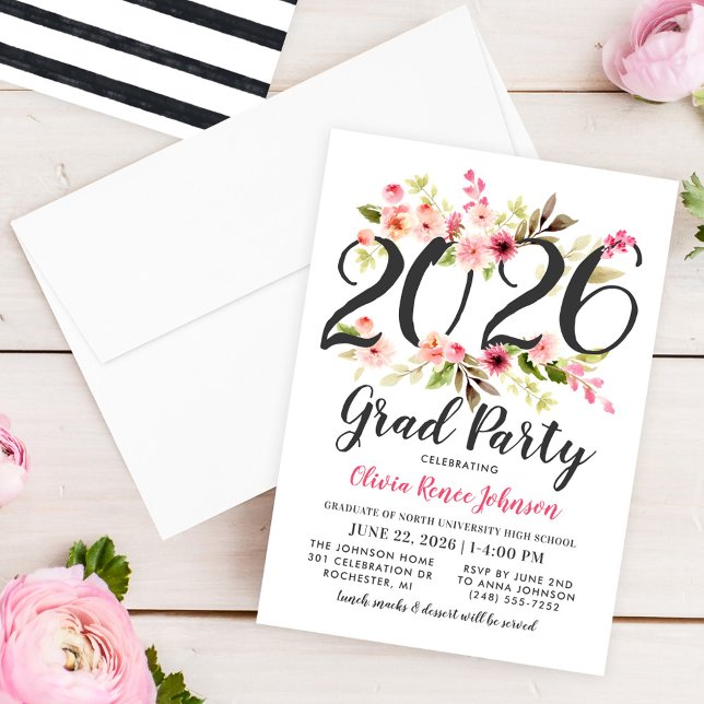 Watercolor Floral 2026 Grad Party Pink Invitation (Creator Uploaded)