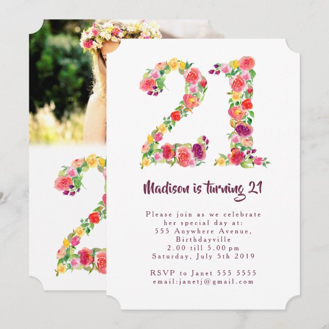 Watercolor Floral 21st Birthday Photo Shaped Invitation (Front/Back)
