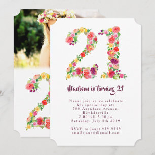 Watercolor Floral 21st Birthday Photo Shaped Invitation