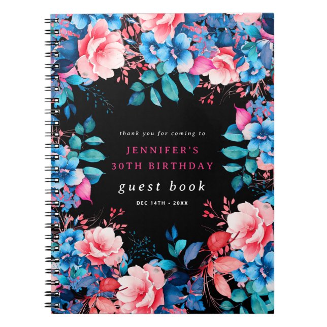 Watercolor Floral 30th Birthday Guest Book Black  (Front)