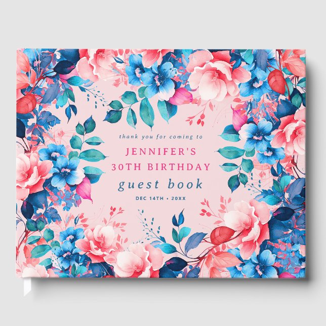 Watercolor Floral 30th Birthday Guest Book Blush  (Front)