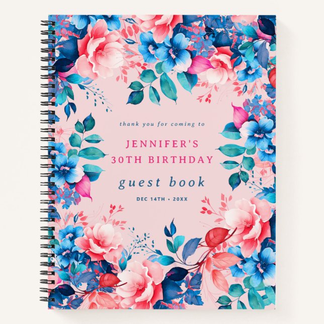 Watercolor Floral 30th Birthday Guest Book Blush  (Front)
