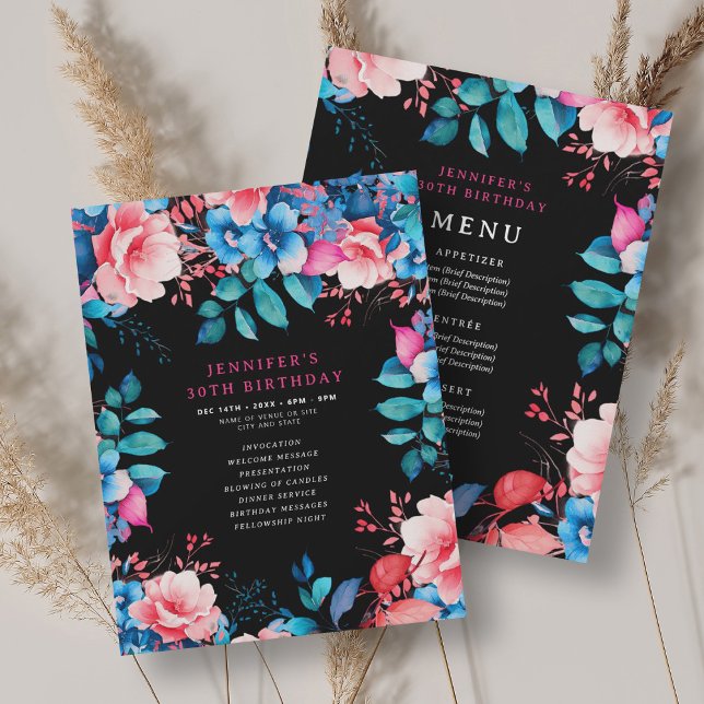 Watercolor Floral 30th Birthday Program Menu Black Invitation (Watercolor Floral 30th Birthday Program Menu Black)