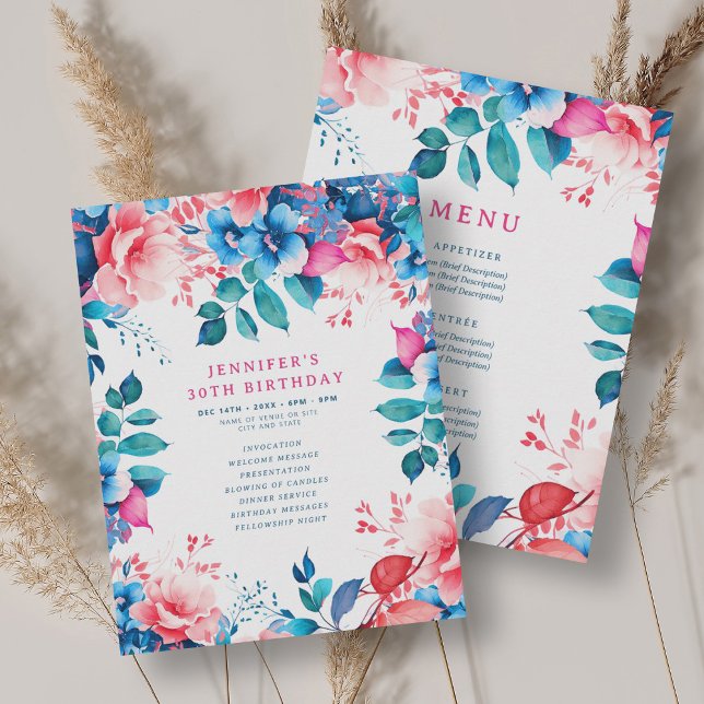 Watercolor Floral 30th Birthday Program Menu Invitation (Watercolor Floral 30th Birthday Program Menu)
