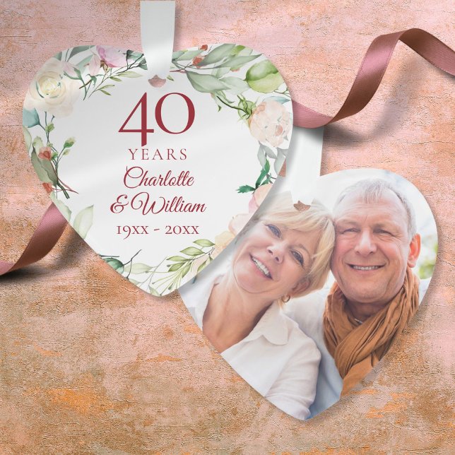 Watercolor Floral 40th Wedding Anniversary Photo Ornament (Watercolor Floral 40th Wedding Anniversary Photo Ornament)