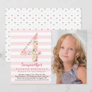 Watercolor Floral 4 / Fourth Birthday with Photo Invitation