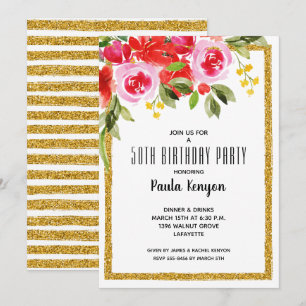 Watercolor Floral 50th Birthday Glitter Party Invitation