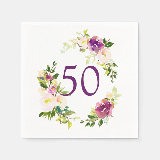 Watercolor Floral 50th Birthday Napkin (Front)