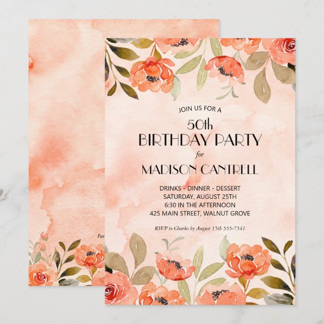 Watercolor Floral 50th Birthday Party Invitation (Front/Back)