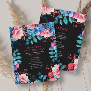 Watercolor Floral 50th Birthday Program Menu Black Invitation