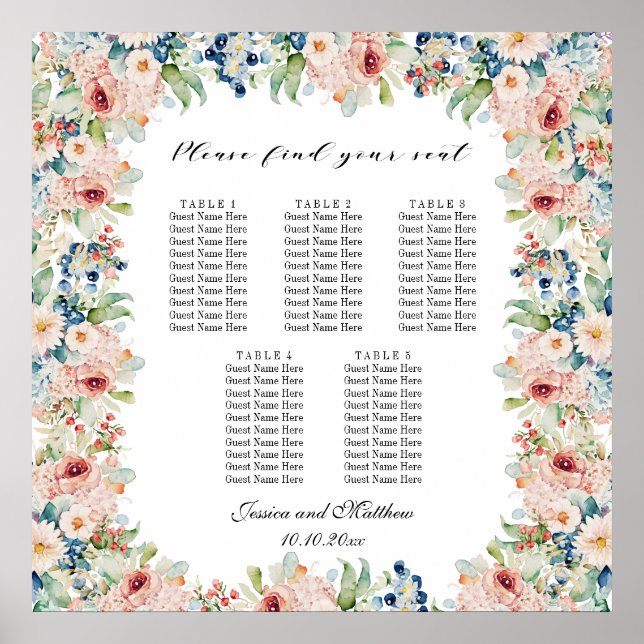 Watercolor Floral 5 Tables Wedding Seating Poster (Front)