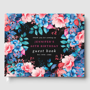 Watercolor Floral 60th Birthday Guest Book Black