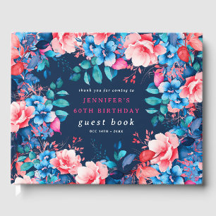 Watercolor Floral 60th Birthday Guest Book Navy 