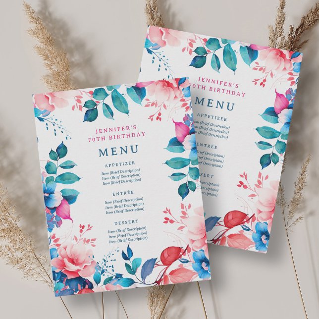 Watercolor Floral 70th Birthday Party Menu Invitation (Watercolor Floral 70th Birthday Party Menu Invitation)