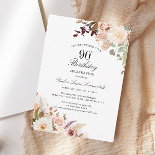 Watercolor Floral 90th Birthday Party Invitation