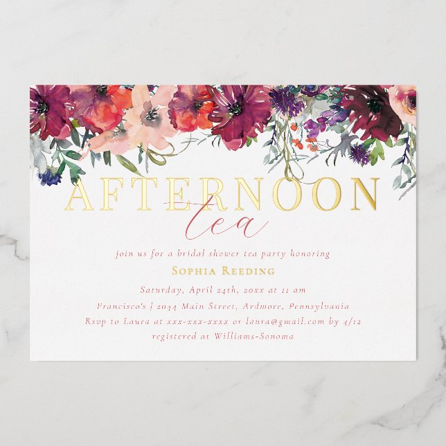 Watercolor Floral Afternoon Tea Bridal Shower Gold (Front)