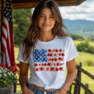 Watercolor Floral American Flag Patriotic Flower T-Shirt