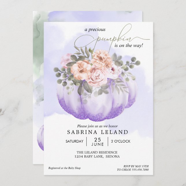 Watercolor Floral Amethyst Pumpkin Baby Shower Invitation (Front/Back)