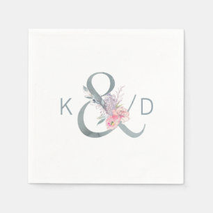 Watercolor Floral Ampersand and Monogram Wedding Napkin